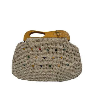 Vintage 1940s 40s Purse Raffia Handbag Bag wooden handle pocket  woven RARE